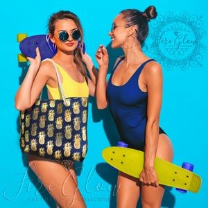 Navy Blue Gold Foil Print Pineapple Beach Tote Bag
